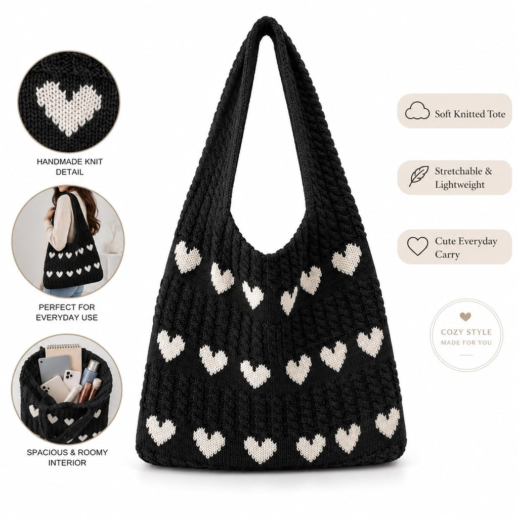 Kawn® Premium Knitted Heart Pattern Tote Bag Large Stylish and Durable Trendy bag for Everyday Use Beach Shopping Travel Work – Comfortable and Trendy Design (Black)