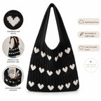 Kawn® Premium Knitted Heart Pattern Tote Bag Large Stylish and Durable Trendy bag for Everyday Use Beach Shopping Travel Work – Comfortable and Trendy Design (Black)
