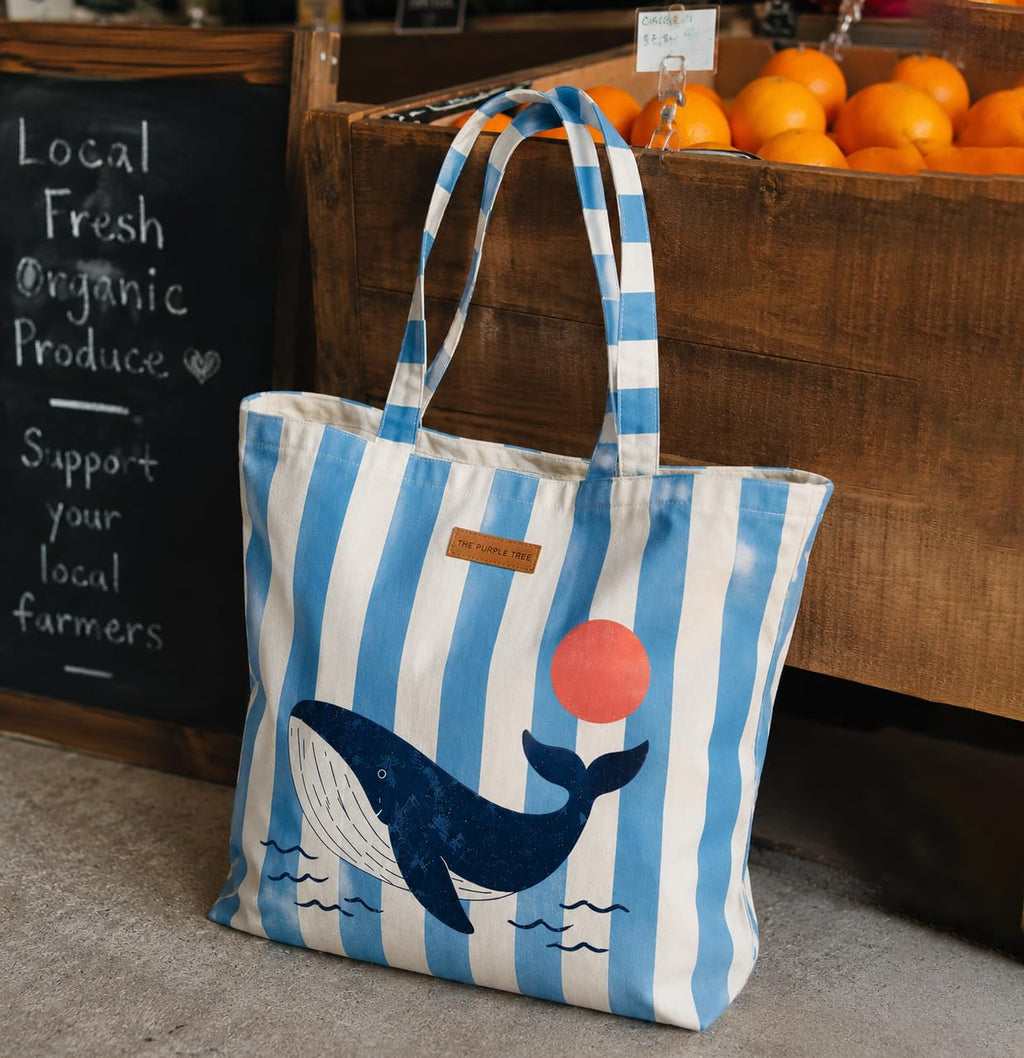 The Purple Tree Blue Tide Whale Tote Bag for Women | Summer Canvas Travel Tote | Beach Bag, Shopping Bag, Vacation Tote | 40 x 45 cm