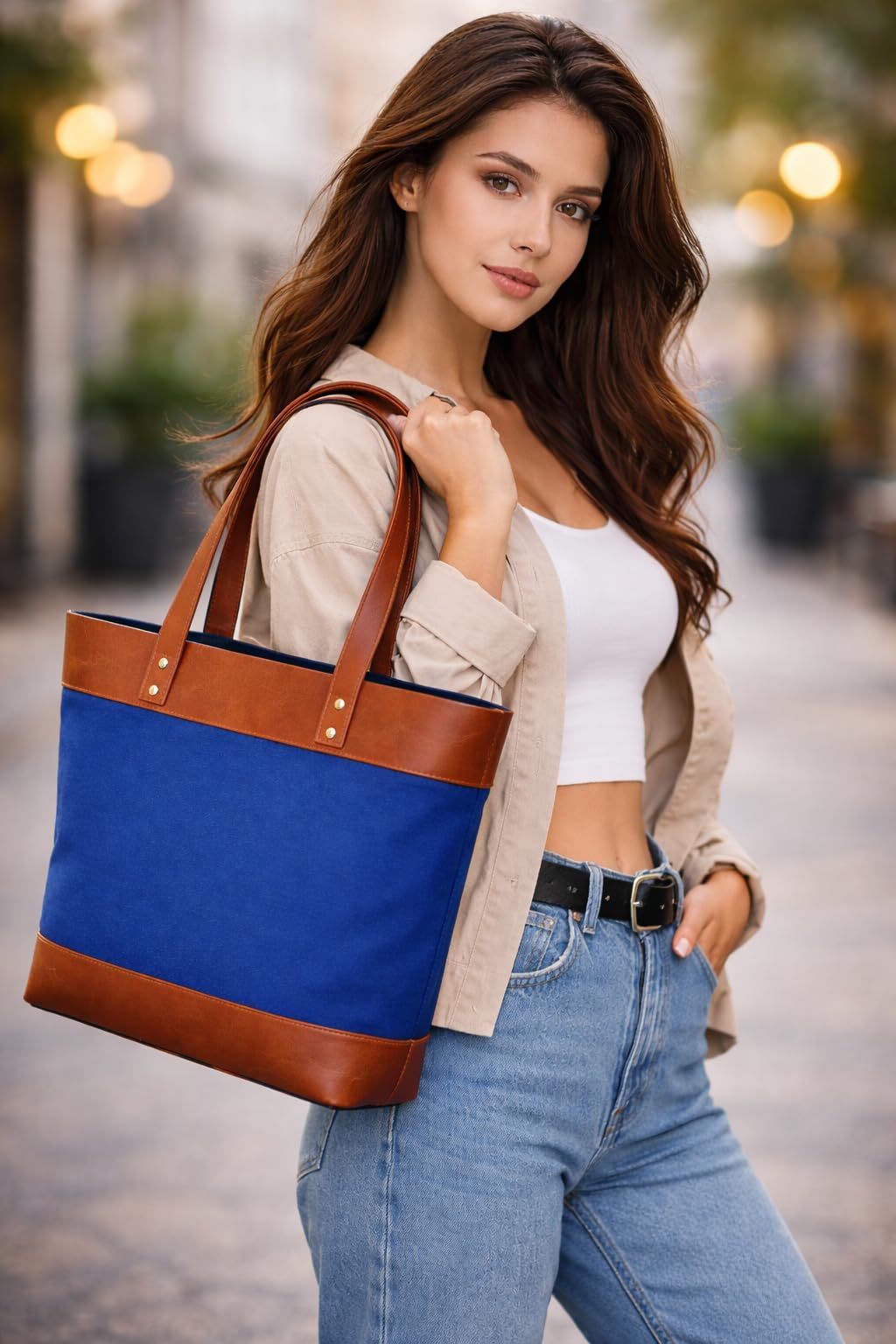Comfabie tote Bag for Women Handcrafted Women's Canvas Bag with pure Leather Shoulder Tote Bag & Handbag for Office and College | Women Office Bag for Ladies | Ladies Purse Handbag (Blue)