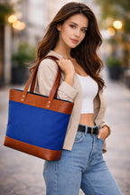 Comfabie tote Bag for Women Handcrafted Women's Canvas Bag with pure Leather Shoulder Tote Bag & Handbag for Office and College | Women Office Bag for Ladies | Ladies Purse Handbag (Blue)