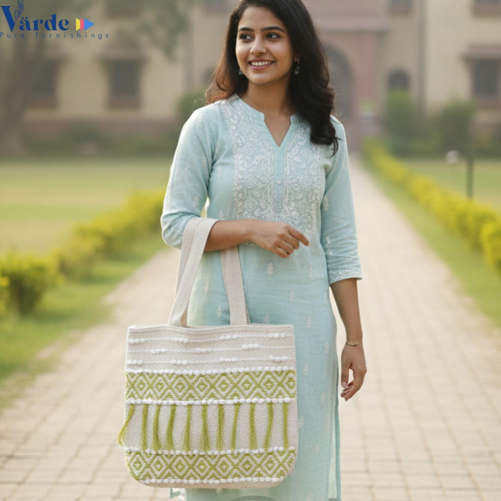 Värde Handmade Cotton Tote Bag for Women | Boho Ethnic Embroidered Shoulder Bag | Green & White Patterned Casual Handbag | Eco-Friendly Lightweight Daily Use Tote Bag for Shopping, Travel & Office