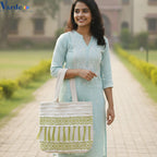Värde Handmade Cotton Tote Bag for Women | Boho Ethnic Embroidered Shoulder Bag | Green & White Patterned Casual Handbag | Eco-Friendly Lightweight Daily Use Tote Bag for Shopping, Travel & Office