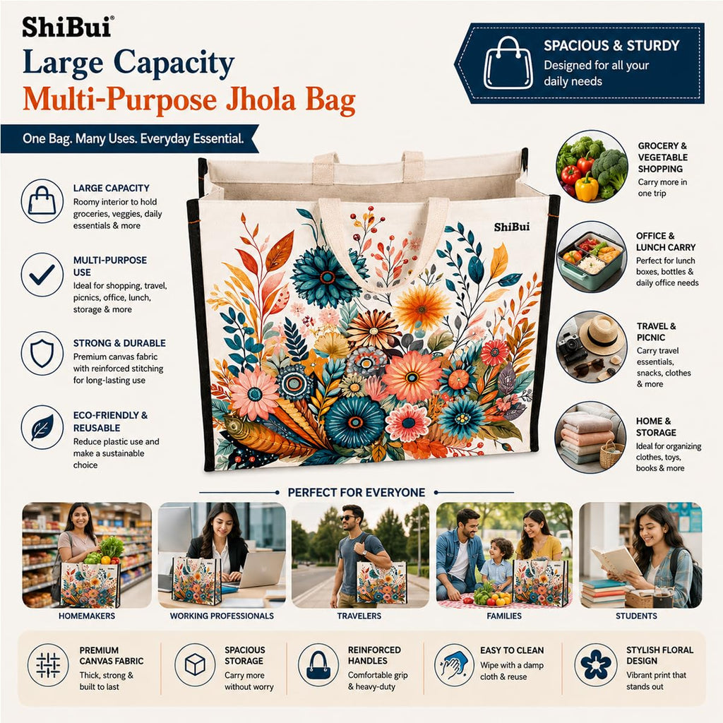 SHIBUI Floral Print Heavy Duty Cotton Canvas Grocery Shopping Bag | Waterproof Reusable Jhola Tote for Vegetables, Fruits, Milk & Lunch Box | Eco-Friendly Hand Carry Bag for Men & Women.
