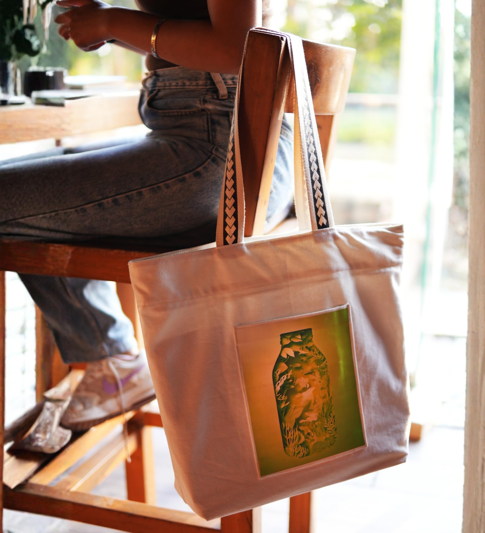 WOTM On The Move Tote | Premium Printed Cotton Canvas Tote Bag with Zipper & Inside Pocket, Stylish Everyday Travel Bag for Work, College, Office, Travel, Shopping (Say no to plastic)