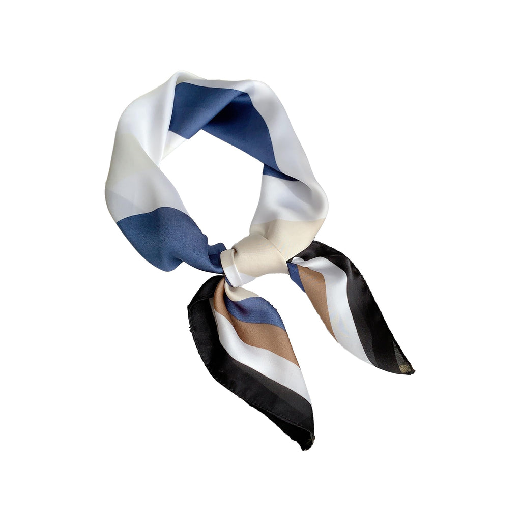CrossKulture White Blue Beige Stripe printed Poly Silken Feel Bandana Scarf for Women | Satin Feel | Floral Design | Soft & Lightweight Scarf for Handbag | HeadBand Neck Scarf for Girls