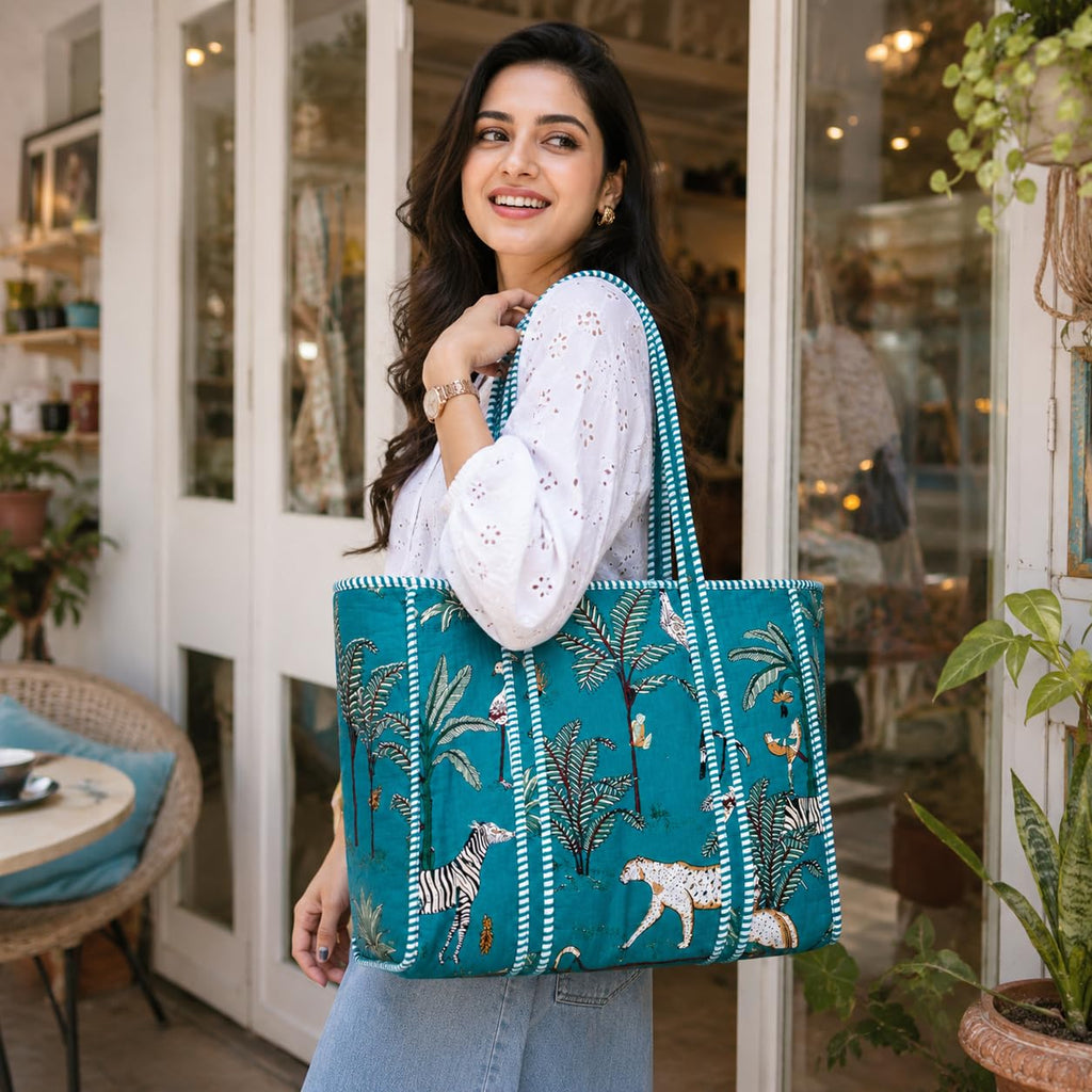 ArbaanHouse Cotton Tote Bag for Women, Printed Shopping Bag, 18 x 18 Inch, Reusable Large Carry Bag with Strong Handles