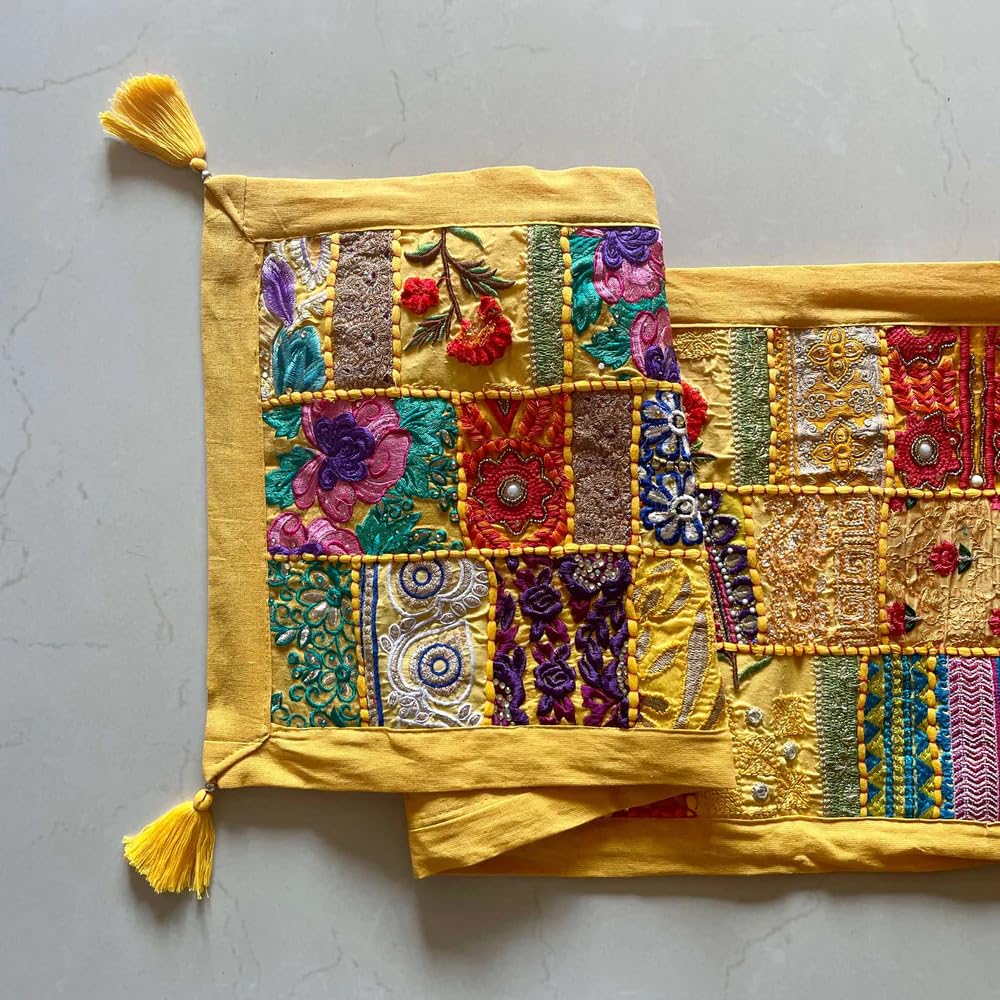 ATRANGI STUDIO Patchwork Table Runner | Traditional Rajasthani Khambadiya Craft | Handmade Dining Table Runner for Home Decor | Colourful Dining Setup | 14x60 Inch, Yellow