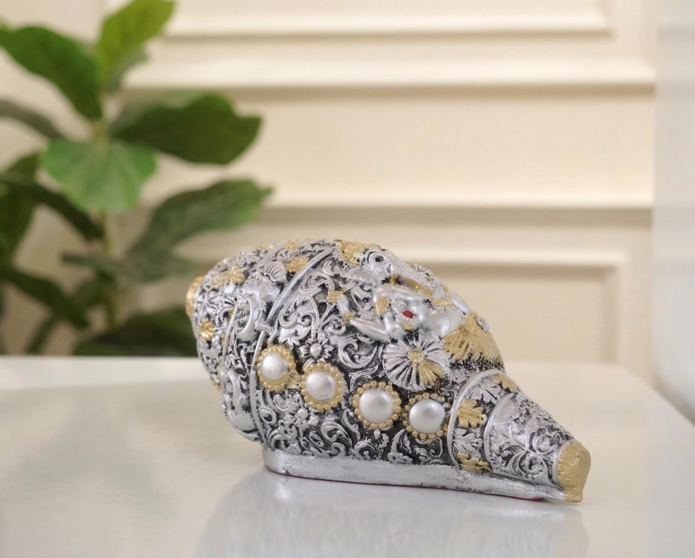 KridayKraft Lord Ganesha shankh Antique Decorative Conch Shell Figurine, 22x11 cm, 800 gm, for Wealth, Prosperity and Good Luck.