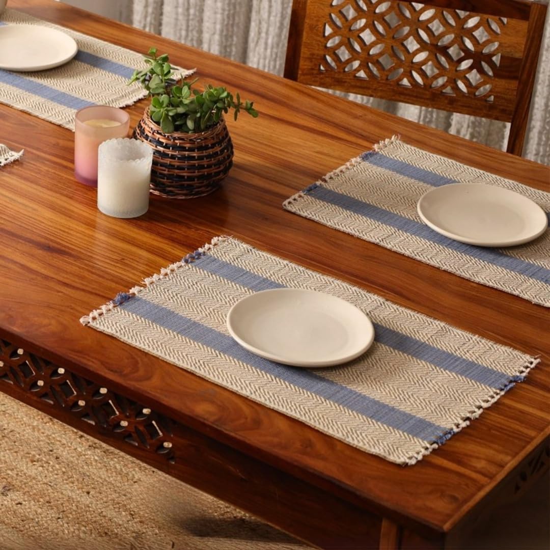 Peepul Tree Placemats Pack of 6 for Dining Table | Powder Blue & Off-White Handmade, Washable & Durable Table Mats | Dining Table Place Mats for Home, Kitchen, Hotel & Dining Decor Kafalo