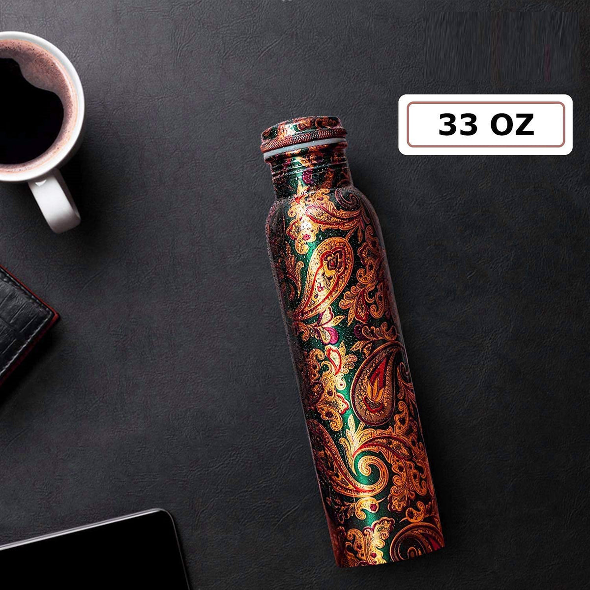 KC Pure Copper Designer Water Bottle with Leak Proof Protection, Ayurveda and Yoga Health Benefits (1000ml, 1Unit) With Lacqure Coating