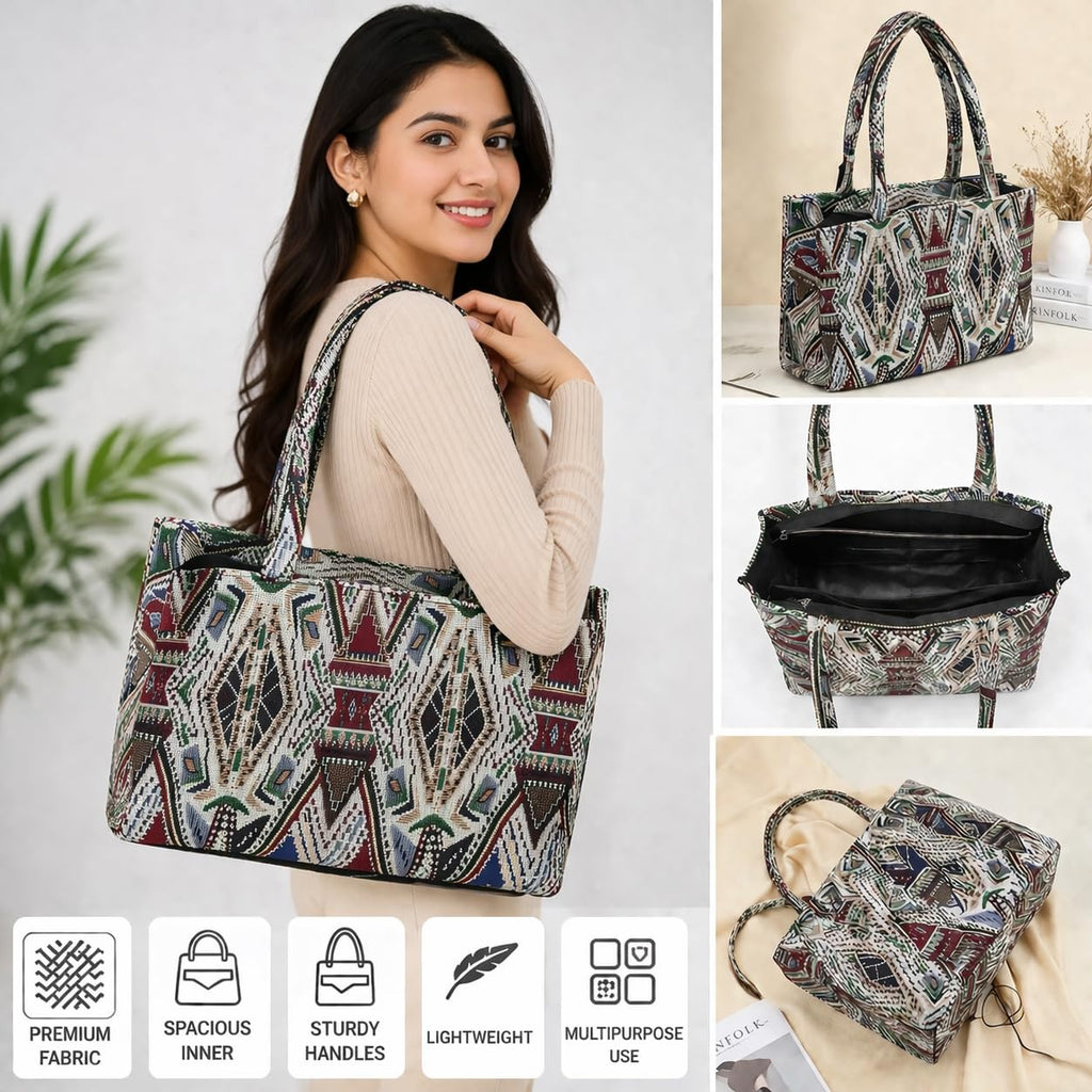 Global Impex Stylish Buoy Tote Bag for Girls & Women | Sturdy Cotton Blend Jacquard | Double Shoulder Ladies Handbag Purse For Daily & Office,Travel Use | Zip Pocket | Handcrafted