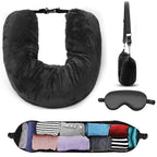 Travel Neck Pillow Set with Eye Mask, U-Shape, Velvet, Grey, Soft Fiber Filling, for Flight, Train and Car, Button Closure, (Grey)