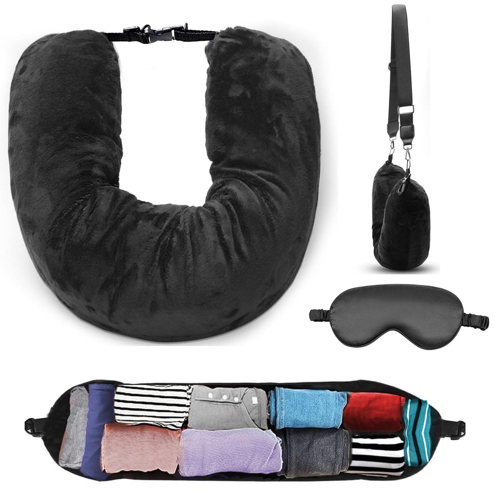 Travel Neck Pillow Set with Eye Mask, U-Shape, Velvet, Grey, Soft Fiber Filling, for Flight, Train and Car, Button Closure, (Grey)