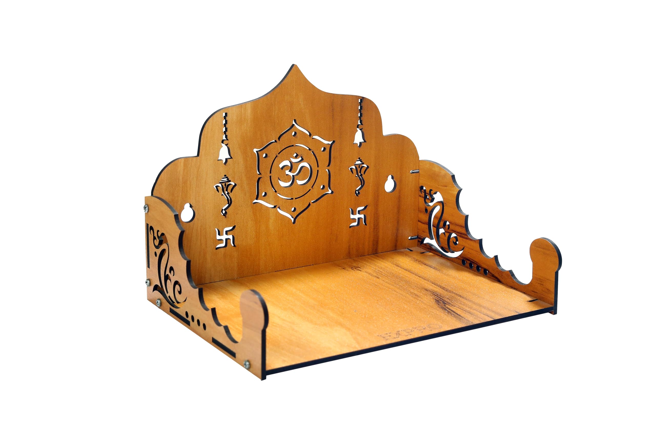 EXPRO Wooden Wall Mounted Pooja Mandir for Home & Office, Wooden Temple for Home Decor Hanging Pooja Stand for Idols | DIY (Do-It-Yourself) (Height 15 | OM Design 2)