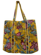 QRUBIS Quilted Cotton Tote Bag, Jungle Flower Safari Tropical Print, Large, Double Handle, 18x6x18 Inches, Unisex, Yellow Flower, Large