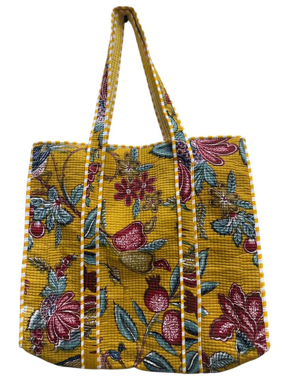 QRUBIS Quilted Cotton Tote Bag, Jungle Flower Safari Tropical Print, Large, Double Handle, 18x6x18 Inches, Unisex, Yellow Flower, Large