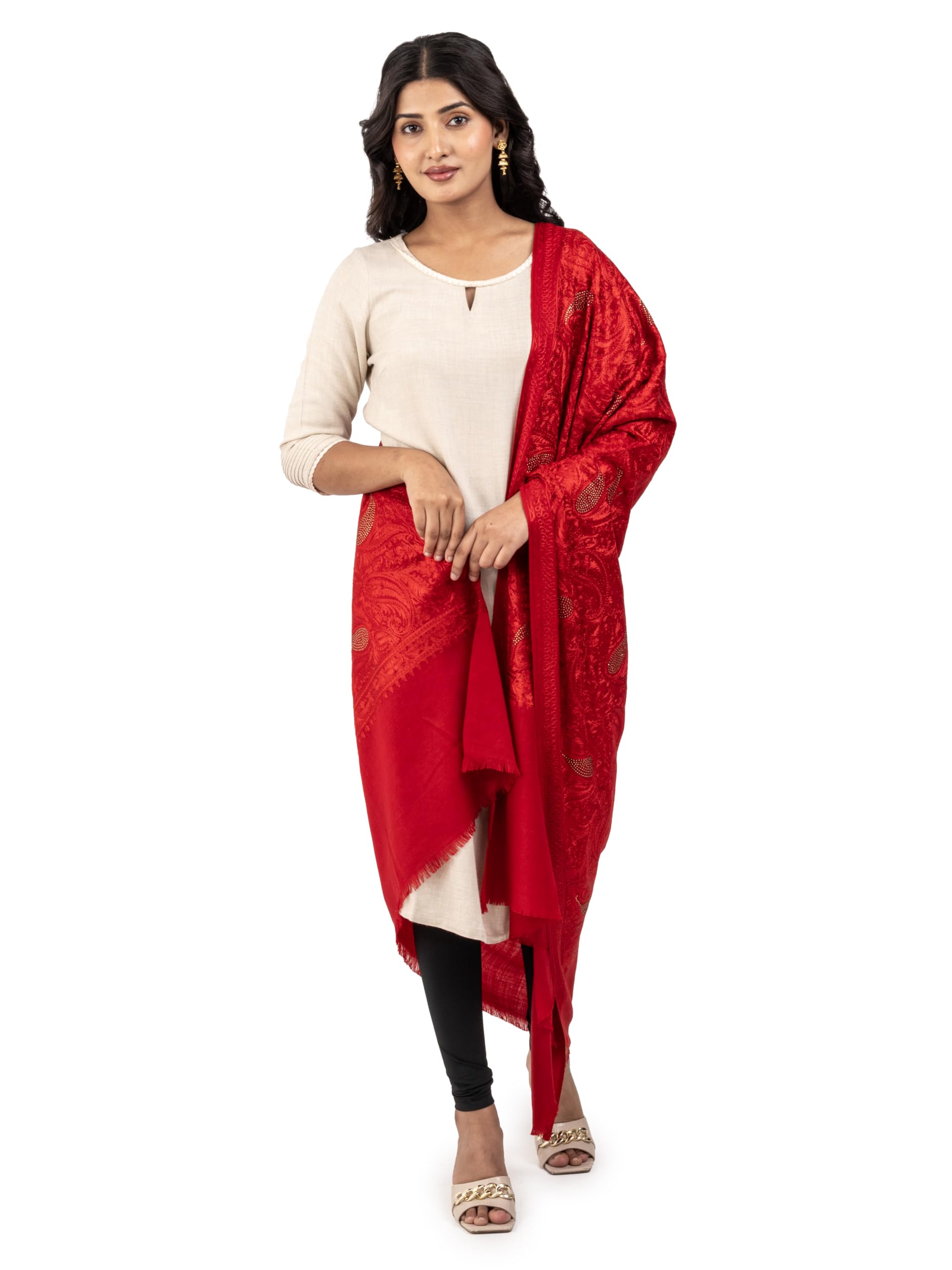 Naureen Women Pashmina Blend Shawl with Aari Embroidery and Shimmering Crystals, Warm and Soft, 40x80 inch