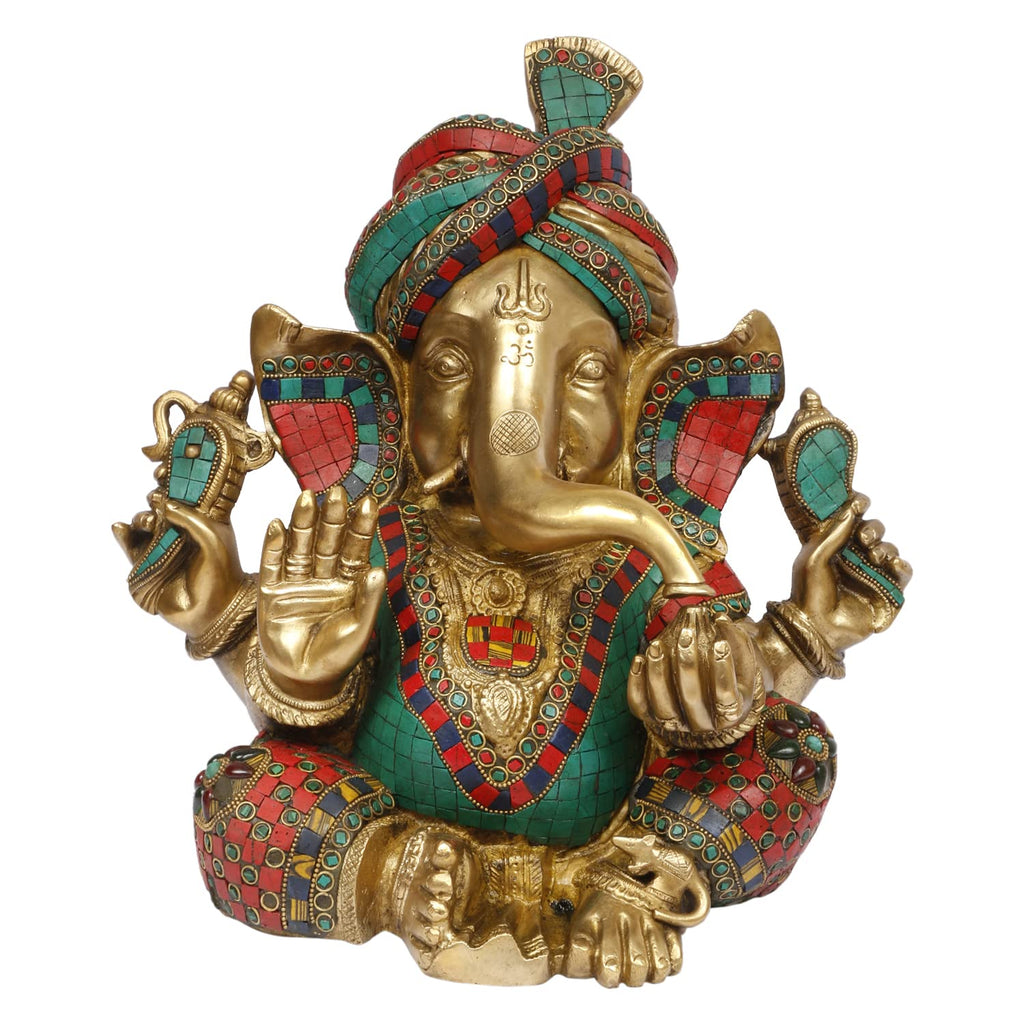 ARTVARKO™ Big Brass Turban Ganesha with Color Gemstone Handwork | Safa Pagdi Ganesh Statue Ganapathi Vigneshwara Ganpati Idol Height 14 Weight 14.5 Kg