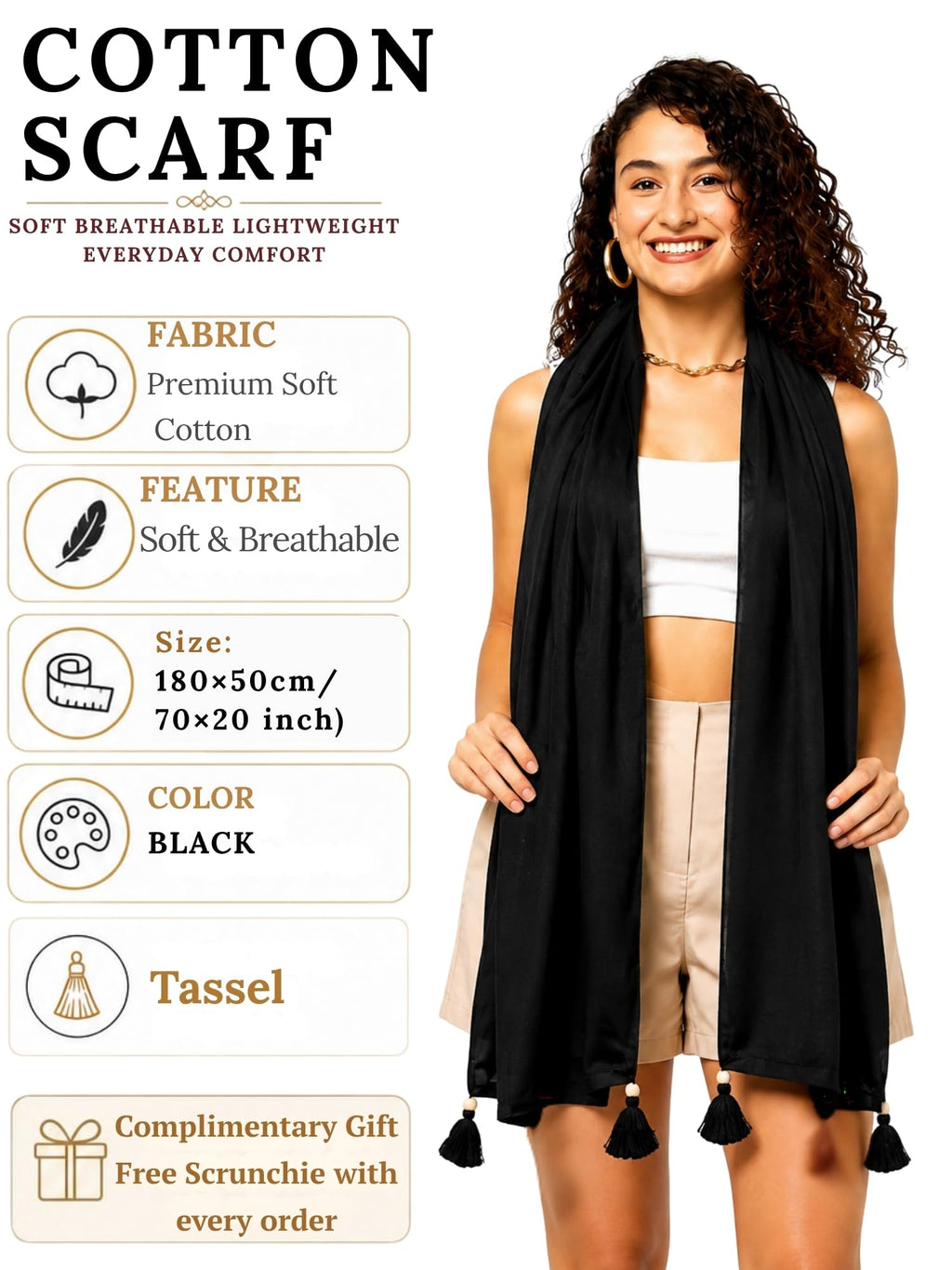 KE KANHA EXPORTS Cotton Scarf|Scarf for Women|Cotton Stole|Soft Beach Wrap|Tassel Design|Easily fits 180 * 50cm