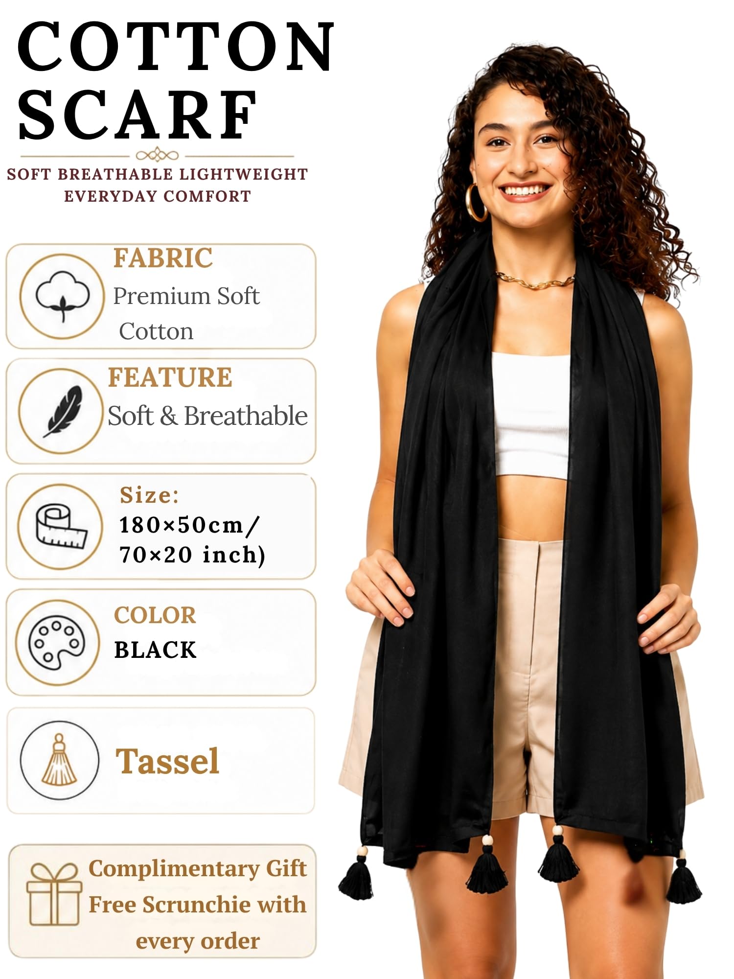 KE KANHA EXPORTS Cotton Scarf|Scarf for Women|Cotton Stole|Soft Beach Wrap|Tassel Design|Easily fits 180 * 50cm