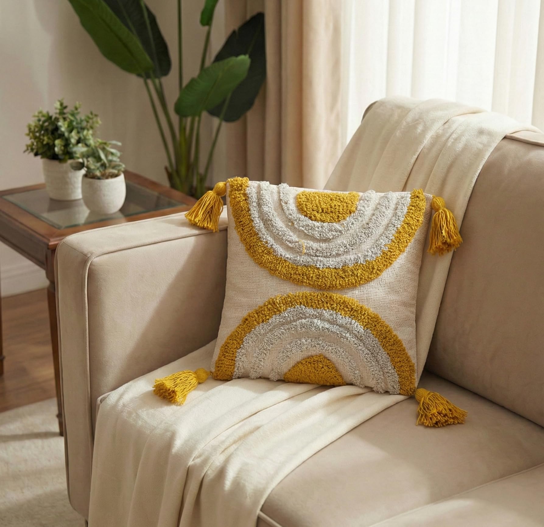 Furnistitchs Handmade Tufted Boho Cushion Covers 12x12 Inches | Embroidered Sofa Pillow Cases | Rustic Bohemian Decorative Throw Cushions for Couch Bedroom Living Room (5, Yellow Oval)