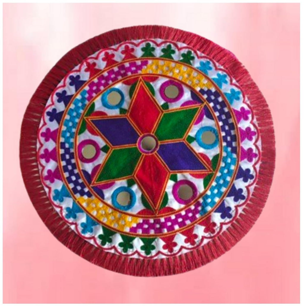 ATIRAMANIYA Traditional Embroidery Round Pooja Thali Rumal Pooja Prasad Thali Cover/Wedding Beautiful Hand Work Thali Rumal Puja Table Assan for Home Decor Pack of 1 (1)