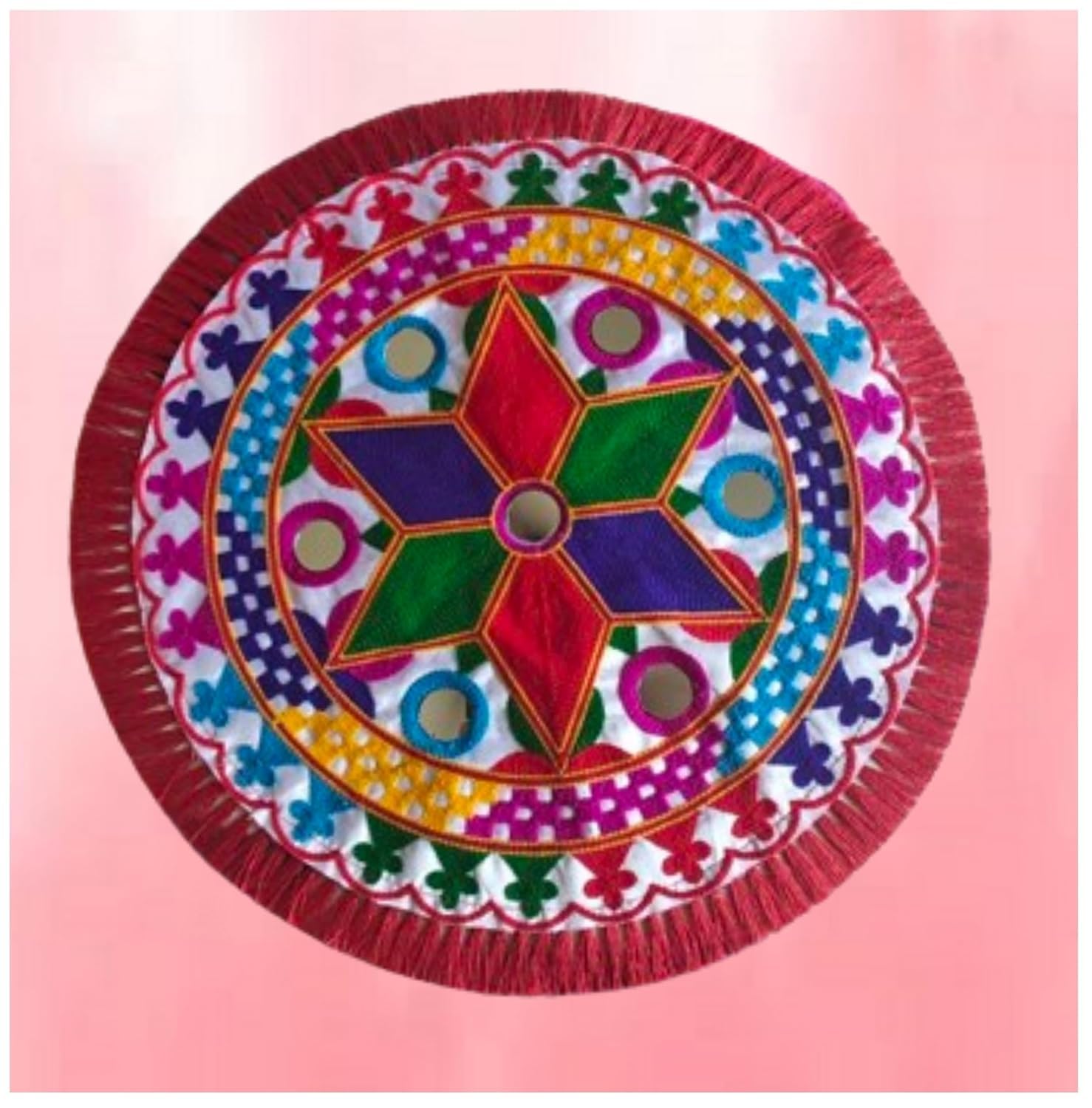ATIRAMANIYA Traditional Embroidery Round Pooja Thali Rumal Pooja Prasad Thali Cover/Wedding Beautiful Hand Work Thali Rumal Puja Table Assan for Home Decor Pack of 1 (1)