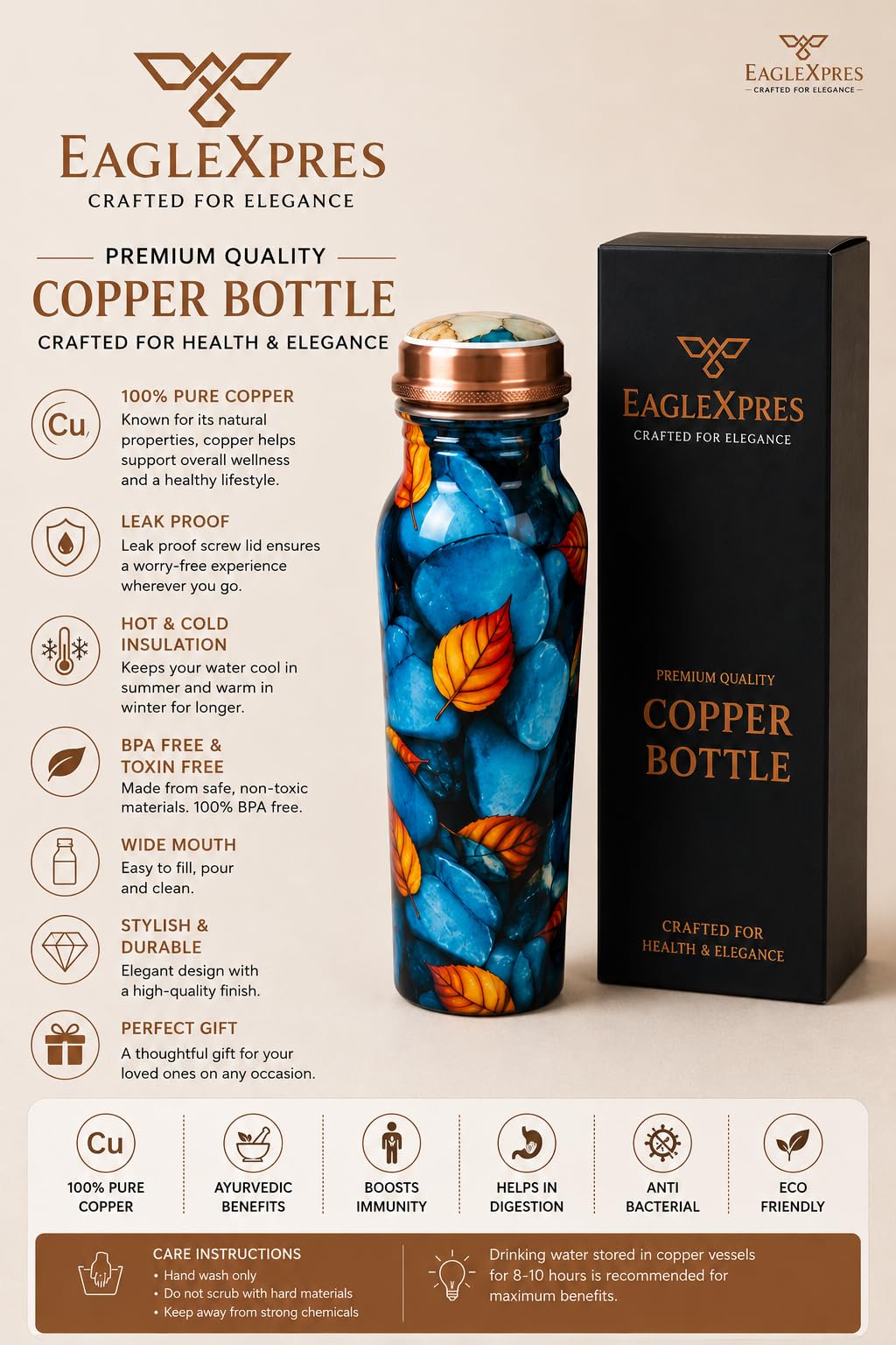 EAGLEXPRES Premium Copper Water Bottle 1 Litre Designer Printed Leakproof Copper Bottle for Drinking Water Ayurvedic Bottle for Home Office Travel Gym