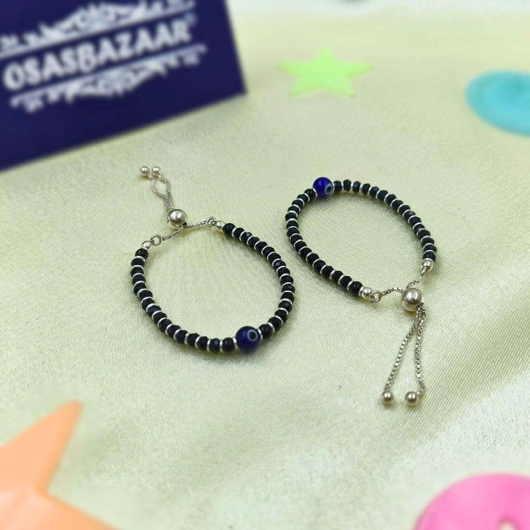 Osasbazaar Sterling Silver Nazariya Kadli Bracelet Adjustable with Evil Eye for Boys, Girls, Children, Baby (Black) - 90%-92.5% Purity Cerified.