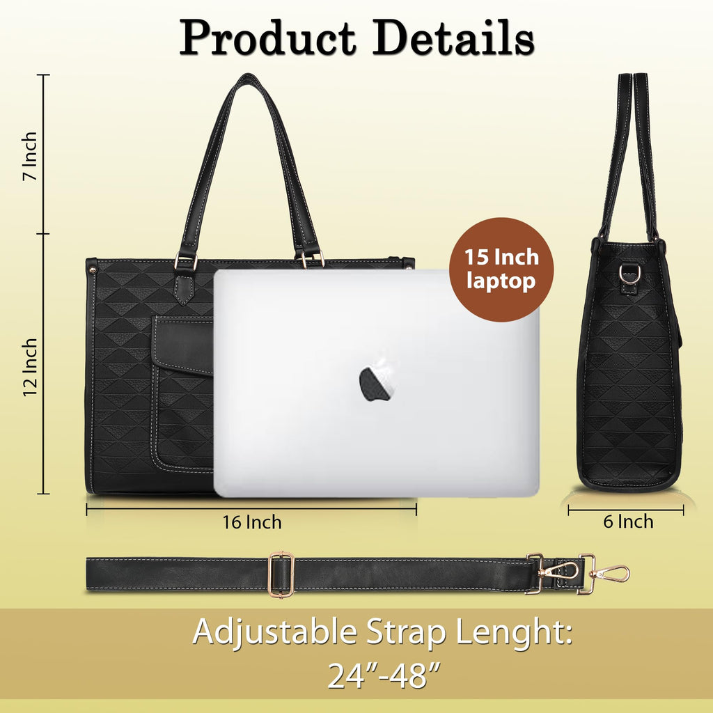 Womanix PU Laptop Tote Bags for Women with Front Pocket, Work Bag,15 inch tote for Women, Large Capacity Handbag for Office, School, Travel, Teacher Purse (Black Black)