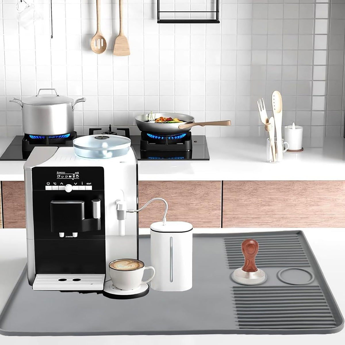 House of Quirk Silicone Coffee Mat, Coffee Bar Mat with Raised Spill Proof Edges for Countertops, Easy Clean Coffee Station Mat, Grey Kafalo