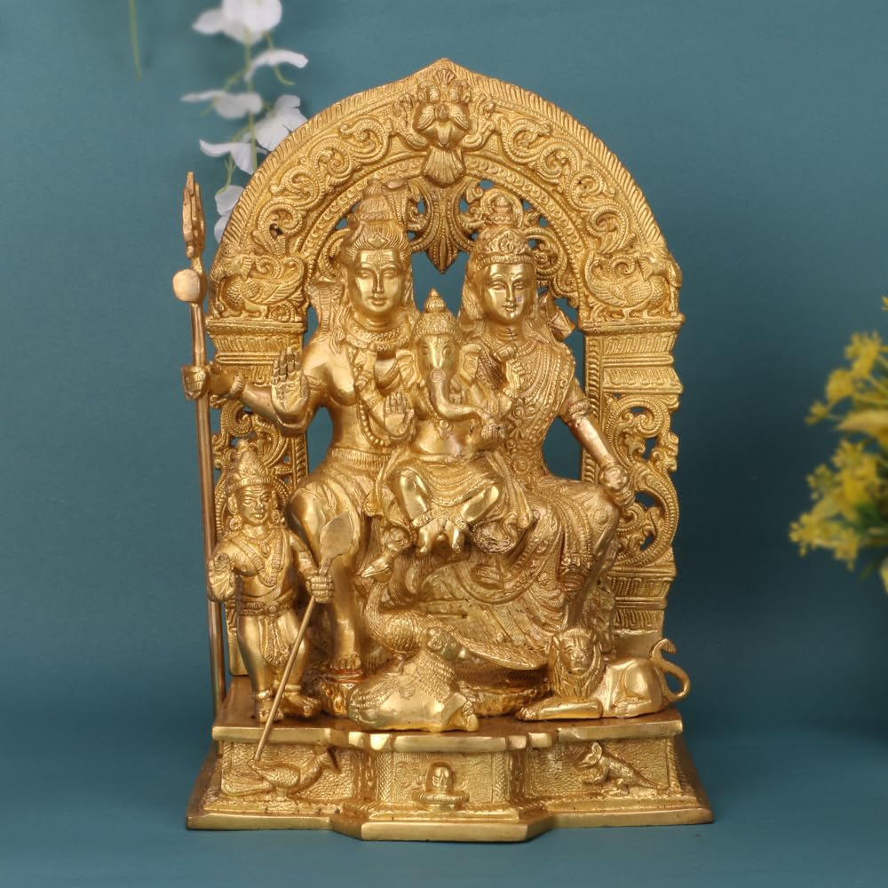 SVARUP Brass Shiva Parvati Shiv Parivar Shankar Bhagwan Ganesh Family Murti Idol Statue Sculpture Gold Color Height 12 Inches