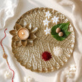 BEHOMA Golden Metal Lotus Pooja Thali with Tea-Light Holder, 25.5cm
