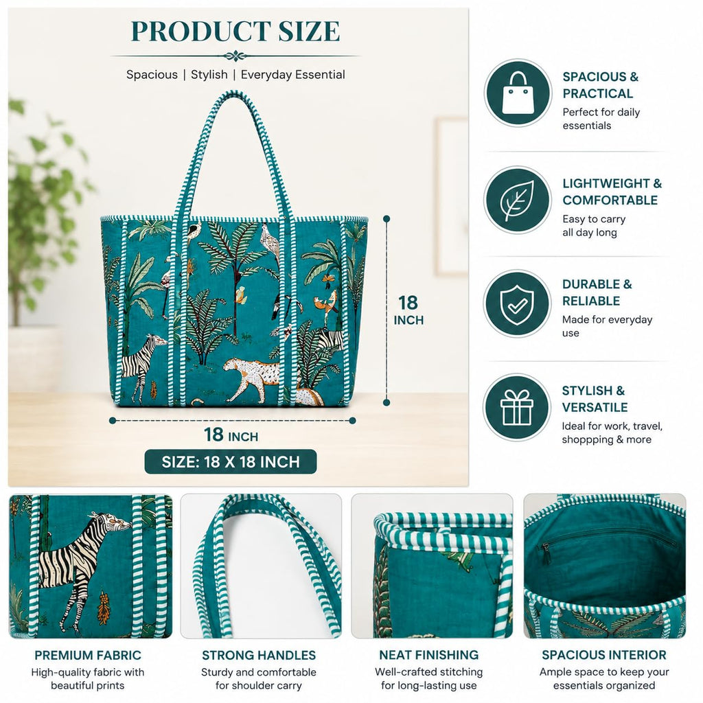 ArbaanHouse Cotton Tote Bag for Women, Printed Shopping Bag, 18 x 18 Inch, Reusable Large Carry Bag with Strong Handles