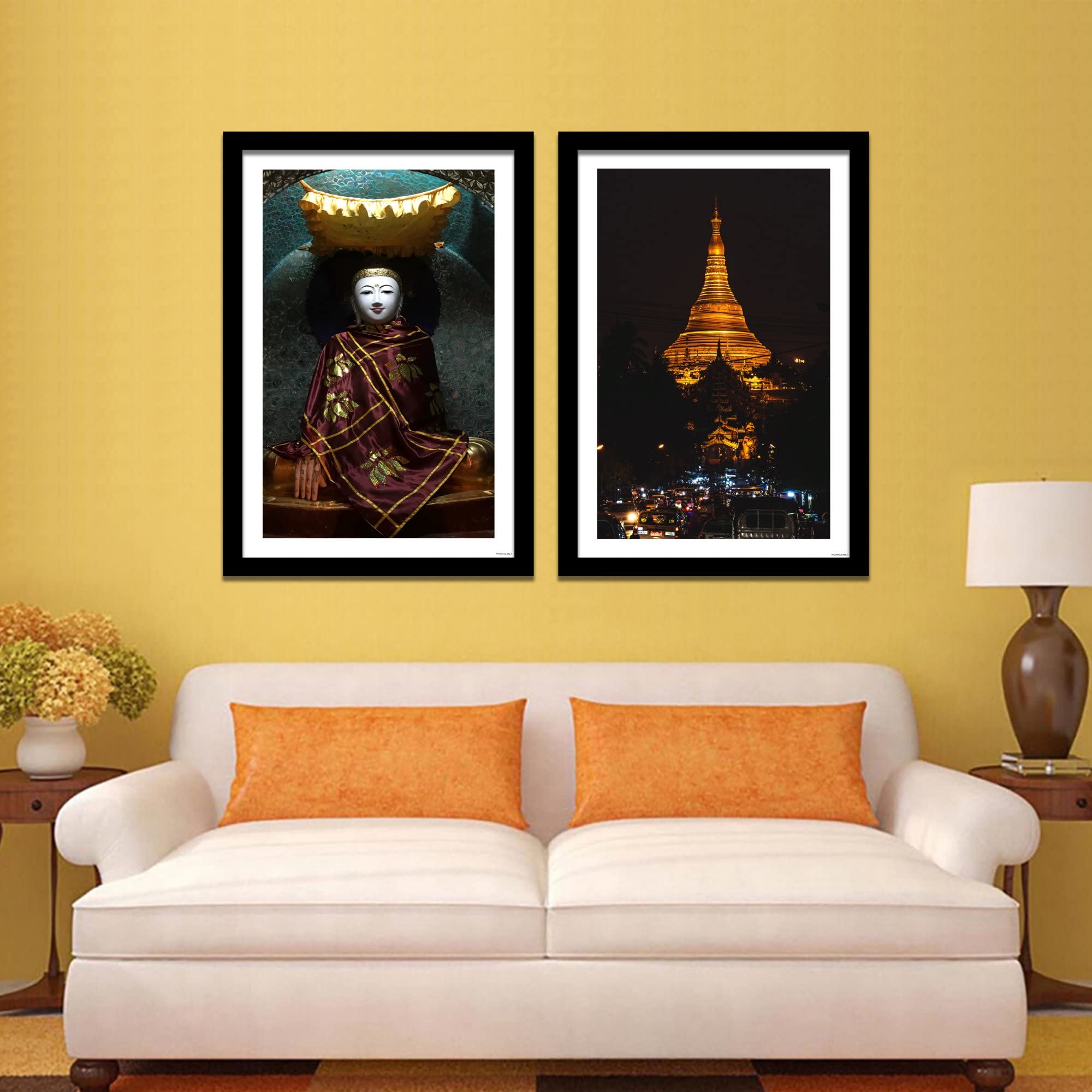 VIBECRAFTS Shwedagon Pagoda Premium Frame Painting of 2 Pieces For Office Digital Reprint Posters with Synthetic Wooden Frame Home, Office Decorative Gift Item(25 inch x 18 inch)(PFVC2Pcs2_902)