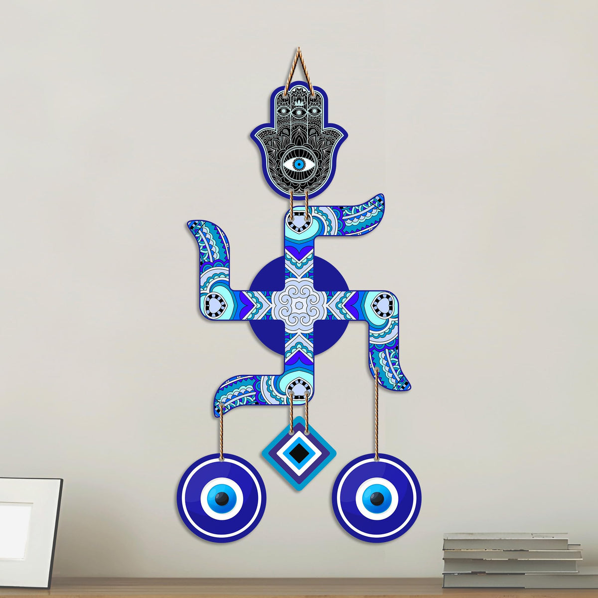 Artvibes Artistic Swastik Wall Hanging with Evil Eye Charms | Decorative Wooden Vastu Ornament for Home Entrance | Spiritual Decor for Prosperity | Harmony and Protection | Wall Art Gift (WH_85107N)