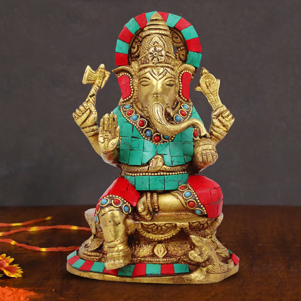 ARTVARKO Brass Ganesh Idol Statue Elephant Multicolor Murti God Mangalkari Ganesha Vinayak Ganpati Sitting Sculpture Bhagwan Entrance Home Warming Vastu Decor Height 7 Inch