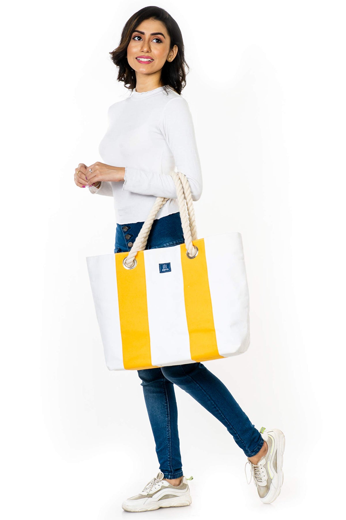 AQVA Women's Tote Bag With Zipper Pouch, Cotton Canvas Shoulder Bag With Rope Handles & Magnetic Button Closure, Utility Handbag For Travel, Work, Shopping, Office, College, Beach, White