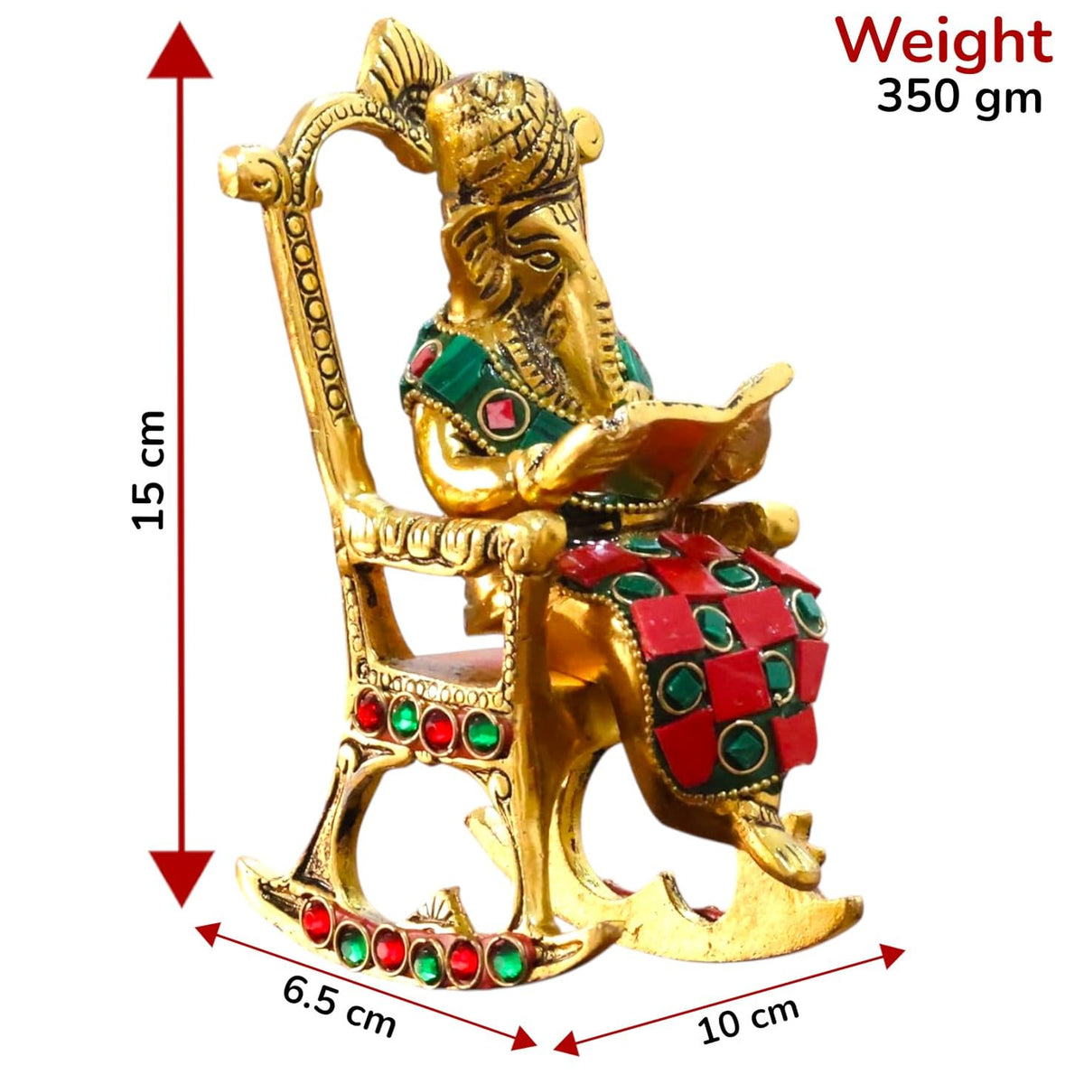 KridayKraft Chair Ganesha ji Reading Book with Stone Work,Ganesha Metal Statue,Ganpati Murti Idol for Pooja & Home,Office Décor Ganesh Idol Religious Showpiece for Decoration & Gifting Article