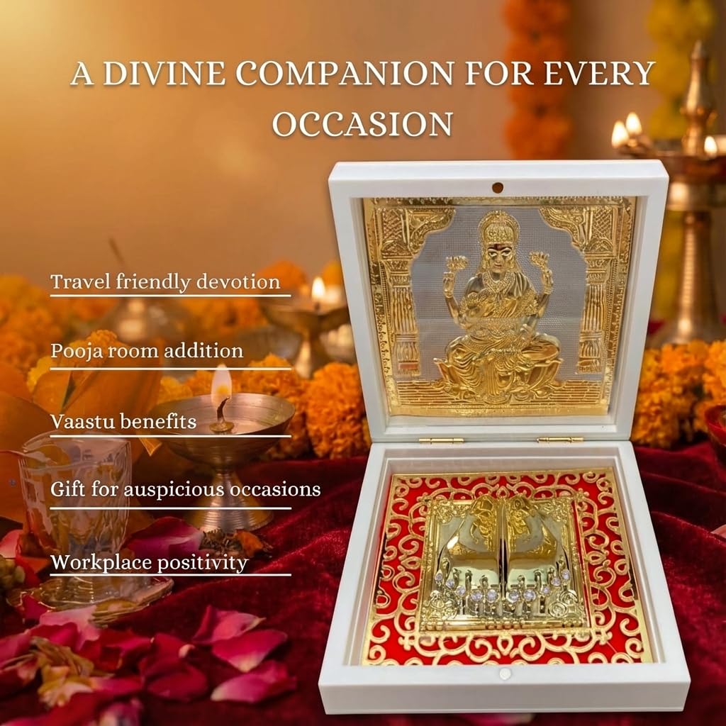 House Of Wemy Gold Plated Laxmi Pocket Temple for Pooja Room | Lakshmi Divine Pooja Boxes with Photo Frame & Charan Paduka | Diwali Gift & Home Decor (Medium - White) 4.5 Inch - Pack of 1
