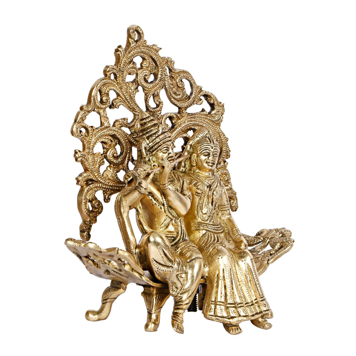 ARTVARKO Brass Radha Krishna Sitting on Couch Kalpvriksha Tree Love Couple Showpiece Idol for Home Décor Living Room Pooja Mandir Gift Item 24 cm