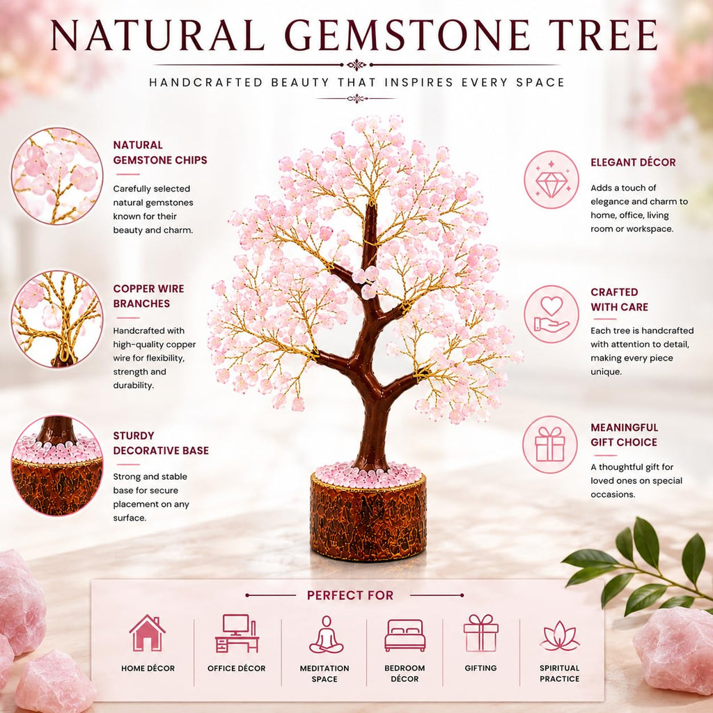 LXOMES Rose Quartz Crystal Tree, with Natural Gemstone and Golden Wire, 10