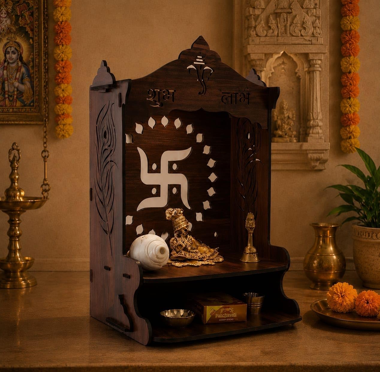Wooden Pooja Mandir for Home, Pine Home Temple with Spacious Shelf, Hindu Mandir, Mini Temple for Home Decor, Living Room & Office (Swastik, Wooden Temple)