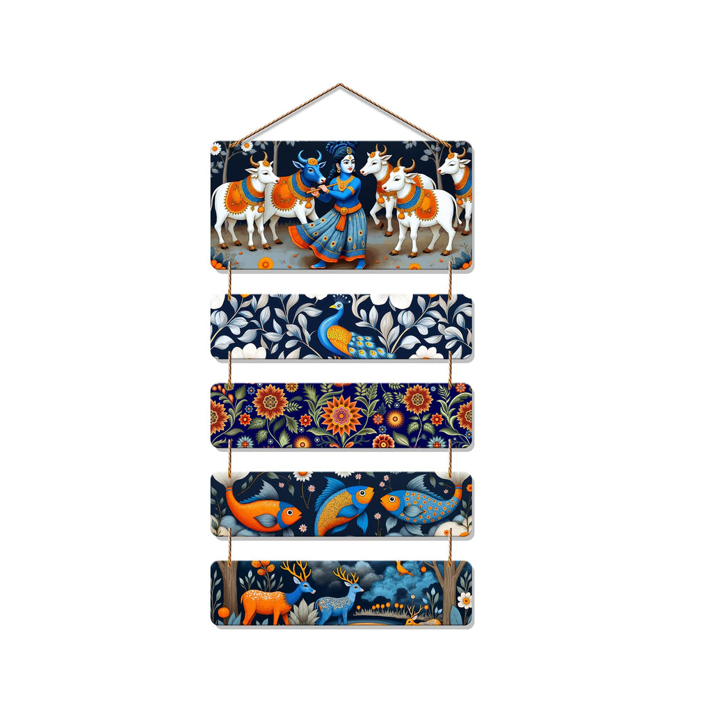 Artvibes Divine Lord Krishna Fishes Deers & Cows Folk Art Wooden Wall Hanger for Home | Spiritual Decor Items | Wall Illustrations | Artwork| Stylish Modern Decor Item | Gift Items (WH_6721N)