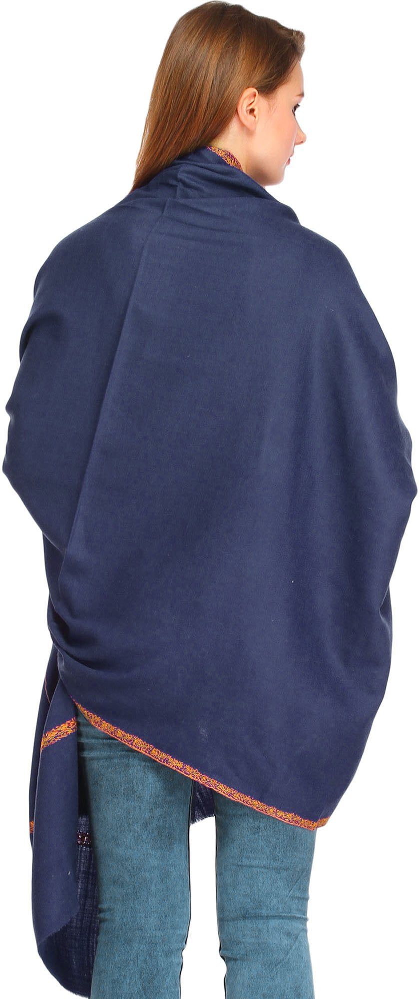 Exotic India Women's Plain Kashmiri Kingri with Sozni Hand-Embroidery on Border Pure Wool Shawl (SWJ26--twilight-blue)