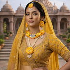 Radhika Yellow Floral Jewellery Set for Haldi & Mehndi | Handmade Fabric Flower Necklace with Earrings & Hair Accessories | Pearl Beaded Bridal Artificial Jewellery Set for Women & Girls