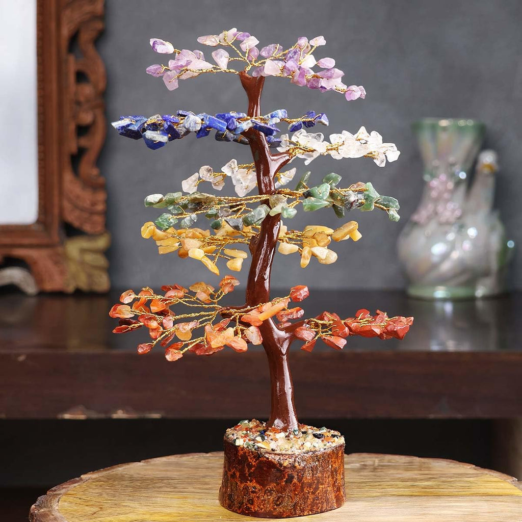Shubhanjali 7 Chakra Tree M-Seal 300 Beads for Home Decor | Crystal Tree for Positivity Goodluck | Gemstones | Feng Shui Stone Tree for Living Room, Office Desk & Hall Decor | Christmas Decor Gift