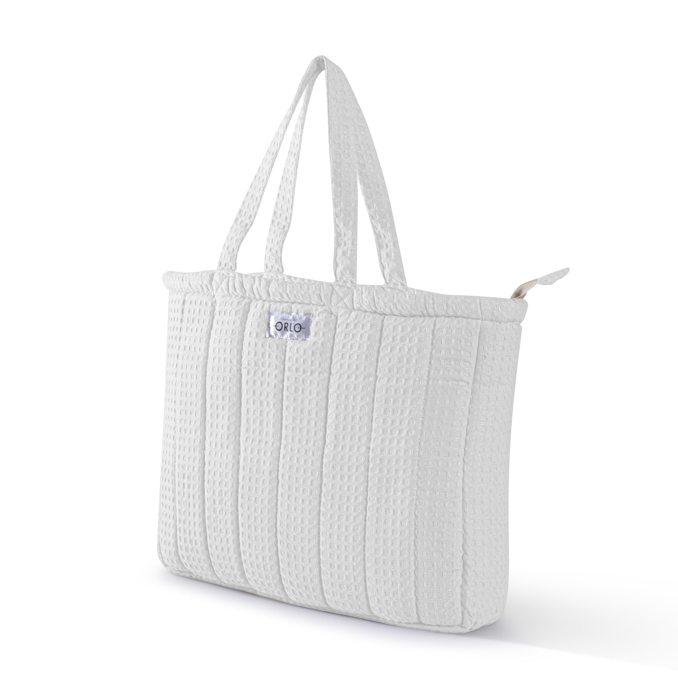 HOUSE OF ORLO Premium Cotton Waffle Quilted Tote Bag, Large Spacious Handbag for College, Office, Work, Travel, Shopping & Daily Use - White