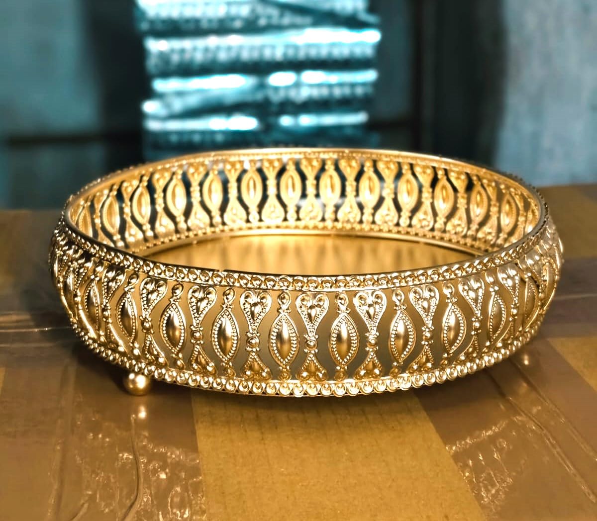 D.Glore Handicrafts Presented | Home Decor Golden Metal Round Serving Tray Etched Design Turkish Decorative Appetizer Platter for Coffee | Pooja | Vintage Tray | Gold.